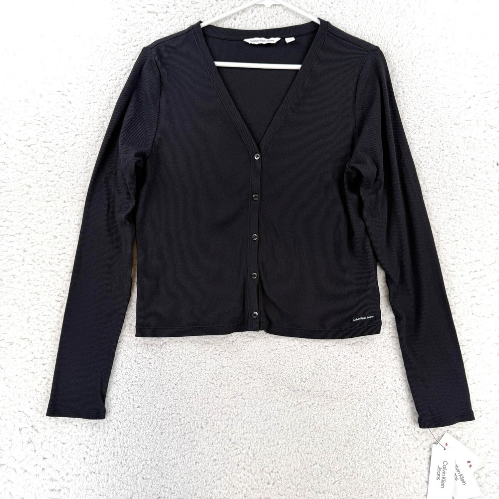 Calvin Klein Jeans Cardigan Sweater Womens XL Black V Neck Button Logo CJST1656